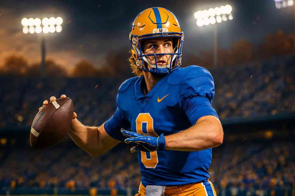 College football quarterback in blue and gold uniform preparing to throw on stadium field under bright lights